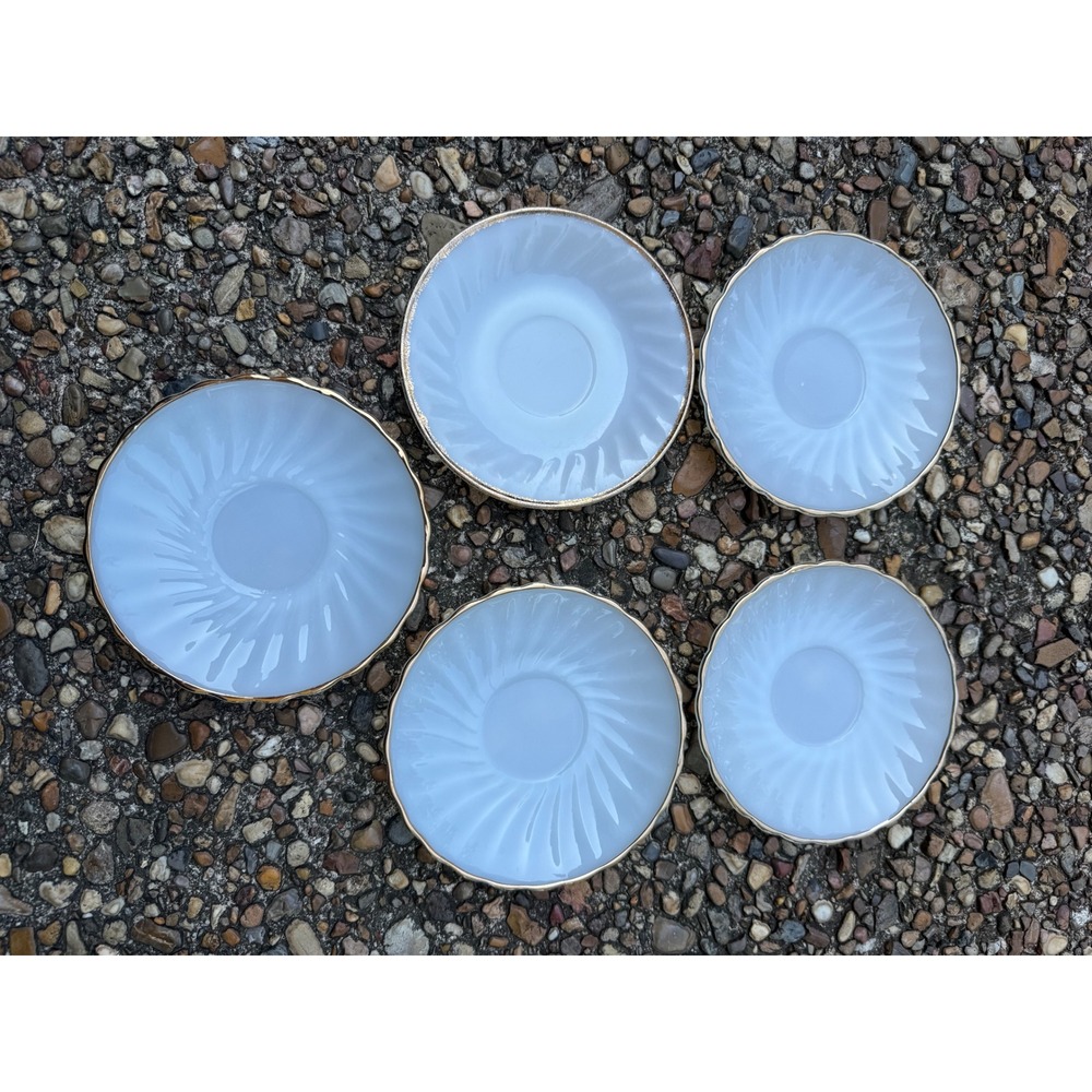 Vintage‎ Fire King Gold Trim & Anchor Hocking Suburbia Milk Glass Saucers 5pc